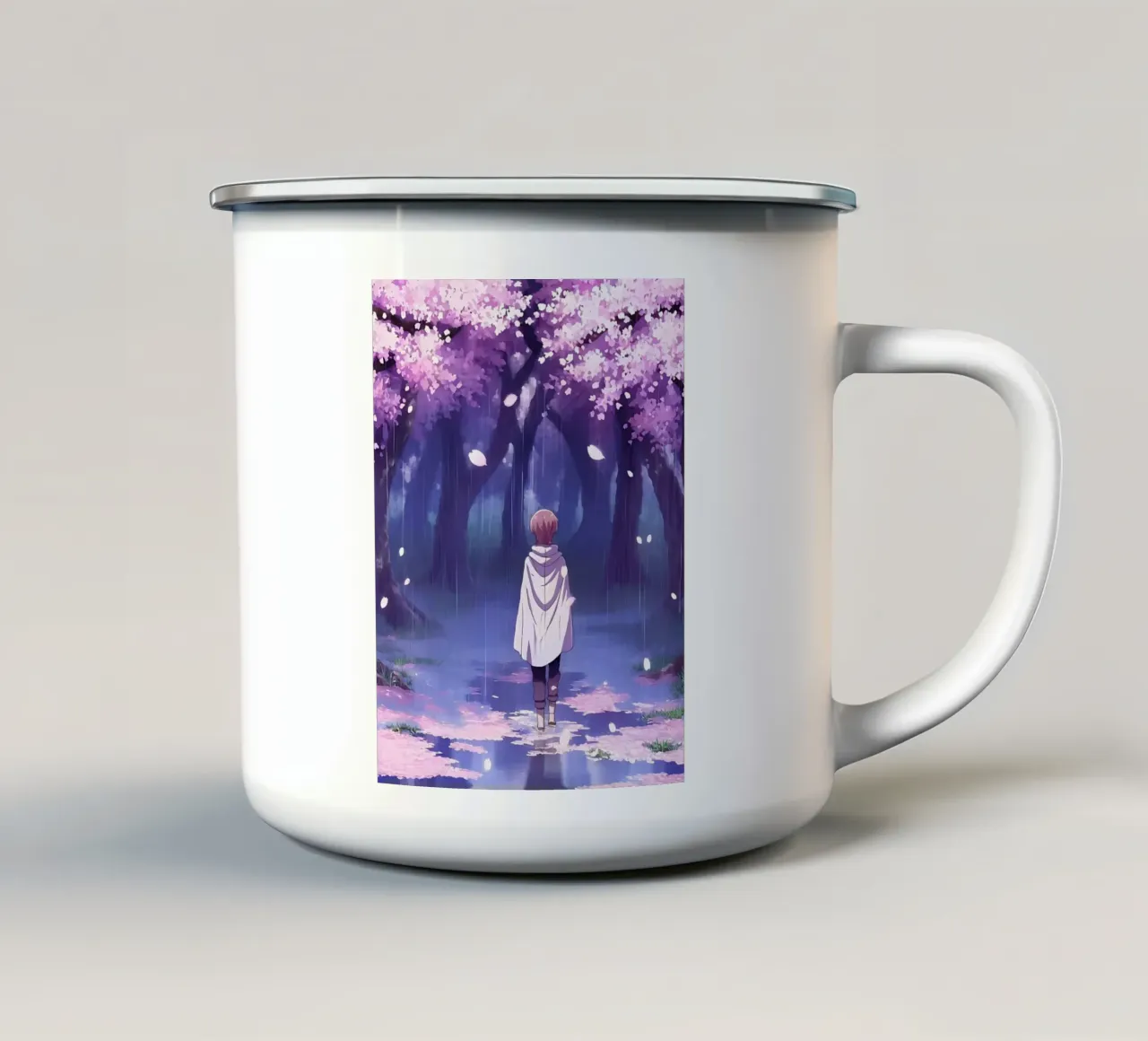 Un ragazzo che cammina tra gli alberi di ciliegio in fiore Lofi Art tazza in smalto da LoFi Gallery