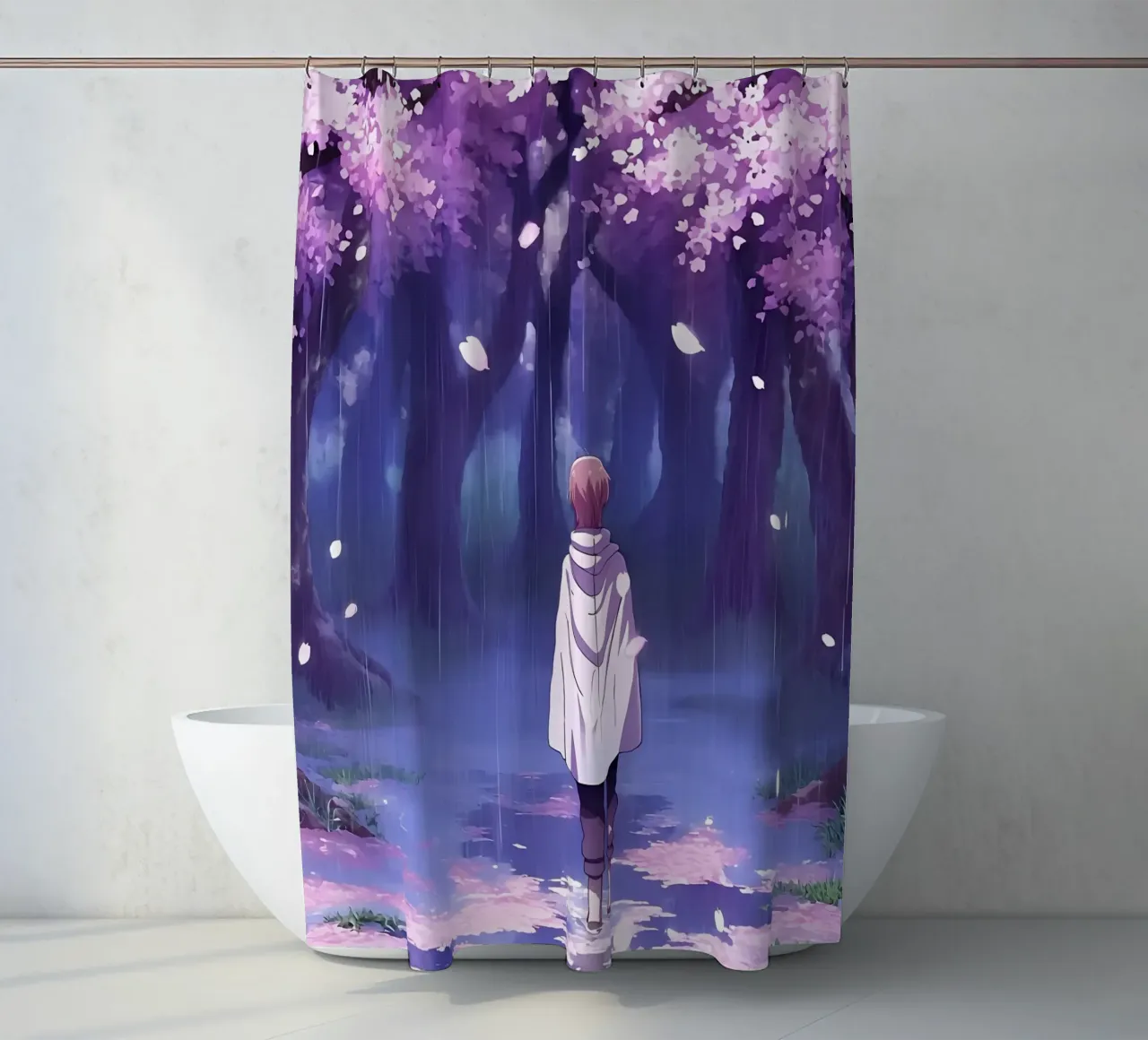 Un ragazzo che cammina tra gli alberi di ciliegio in fiore Lofi Art tenda da doccia da LoFi Gallery