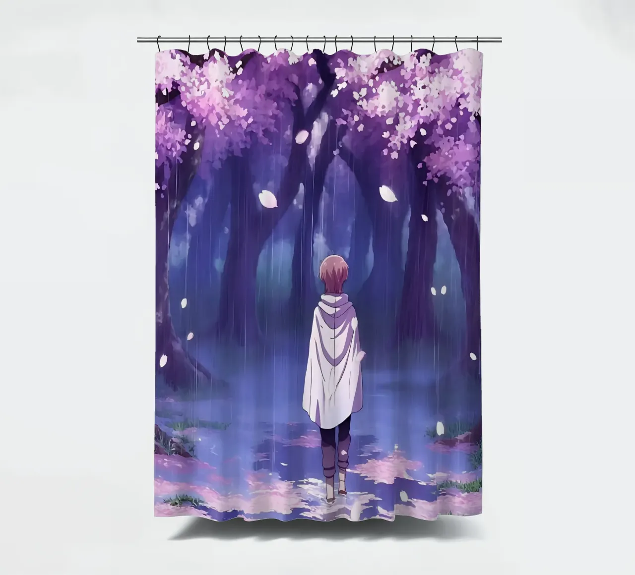 Un ragazzo che cammina tra gli alberi di ciliegio in fiore Lofi Art tenda da doccia da LoFi Gallery