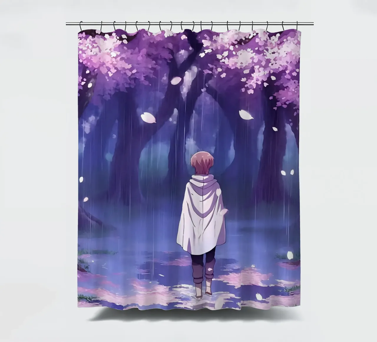 Un ragazzo che cammina tra gli alberi di ciliegio in fiore Lofi Art tenda da doccia da LoFi Gallery