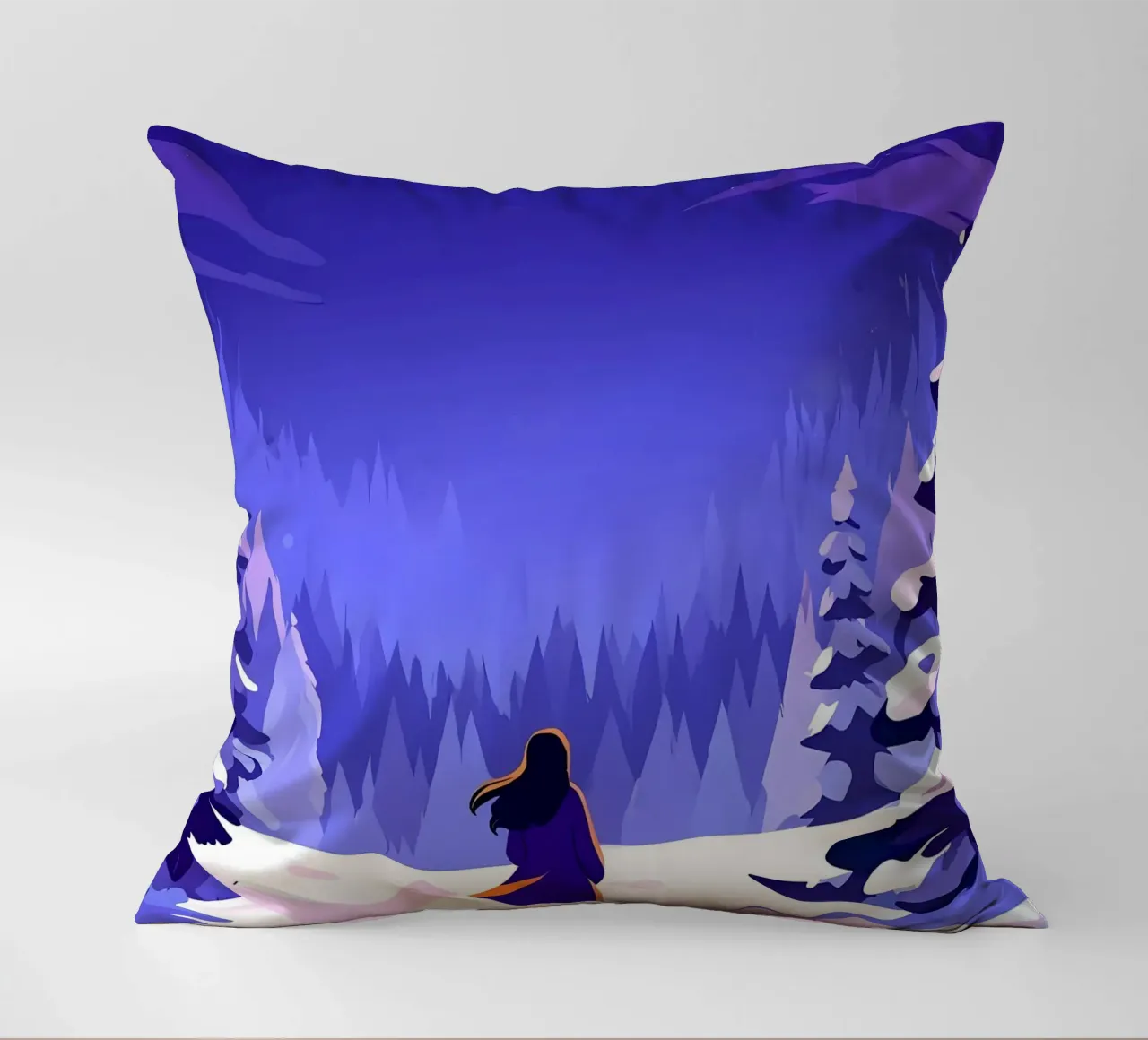 Una donna che cammina attraverso la foresta notturna innevata dalla luna Lofi Art cuscino da LoFi Gallery