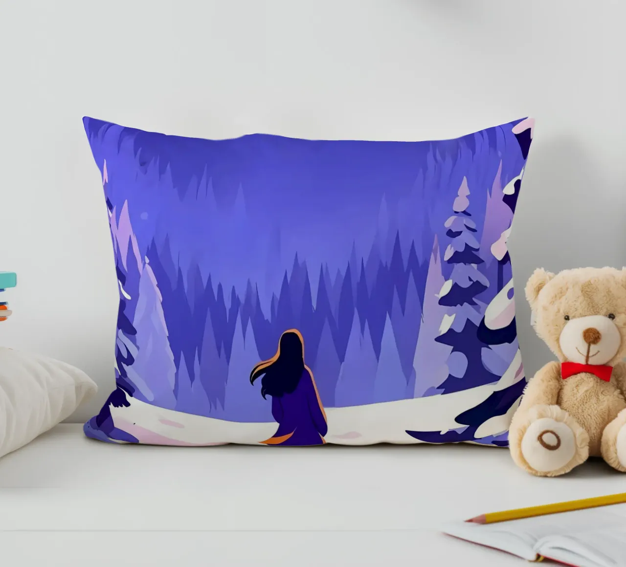 Una donna che cammina attraverso la foresta notturna innevata dalla luna Lofi Art cuscino da LoFi Gallery