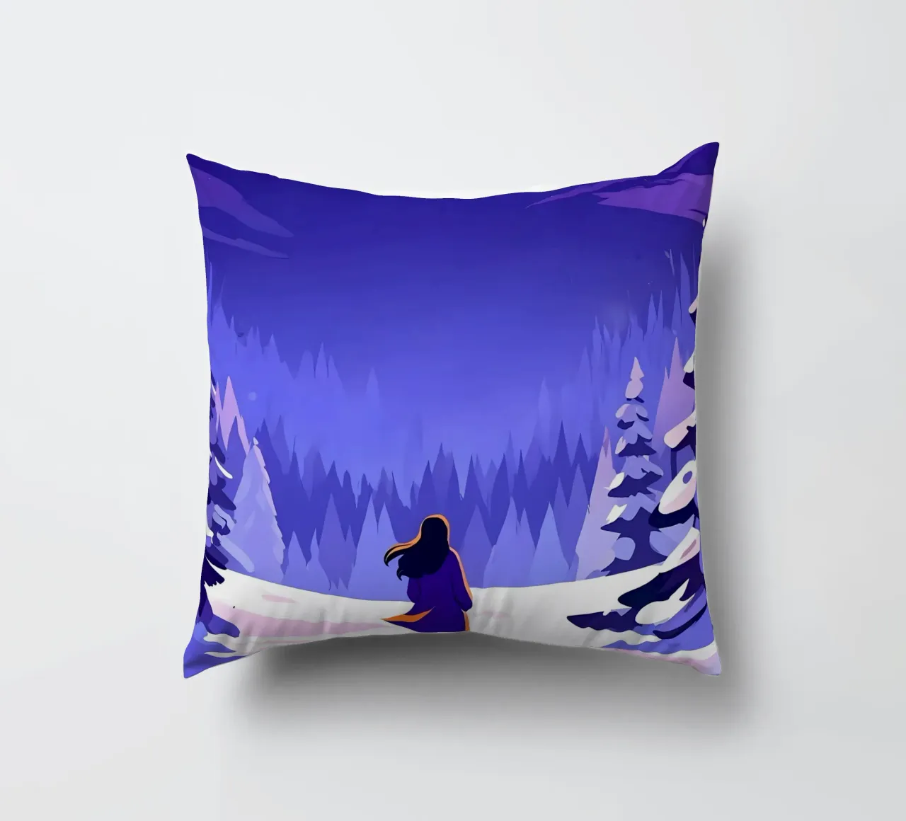 Una donna che cammina attraverso la foresta notturna innevata dalla luna Lofi Art cuscino da LoFi Gallery
