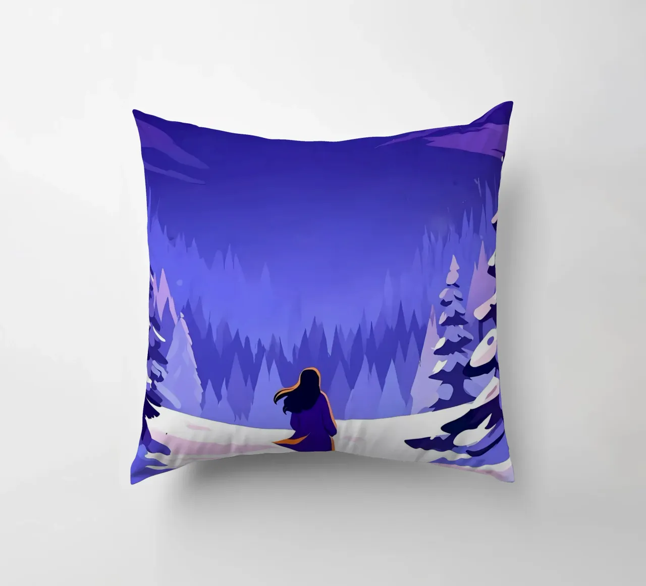 Una donna che cammina attraverso la foresta notturna innevata dalla luna Lofi Art cuscino da LoFi Gallery