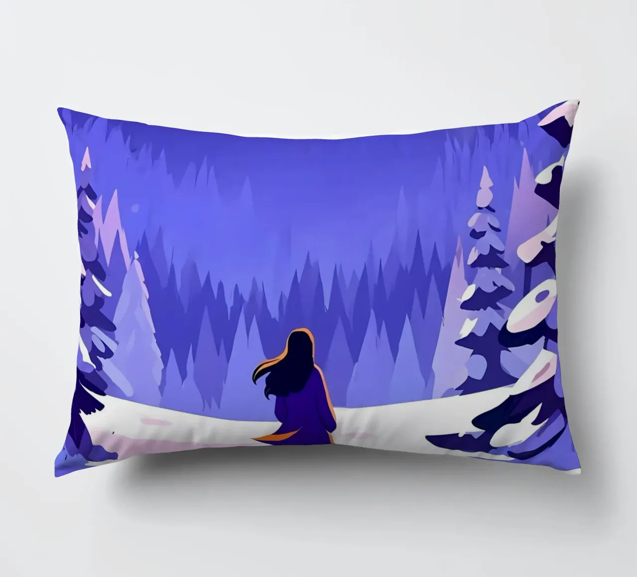 Una donna che cammina attraverso la foresta notturna innevata dalla luna Lofi Art cuscino da LoFi Gallery