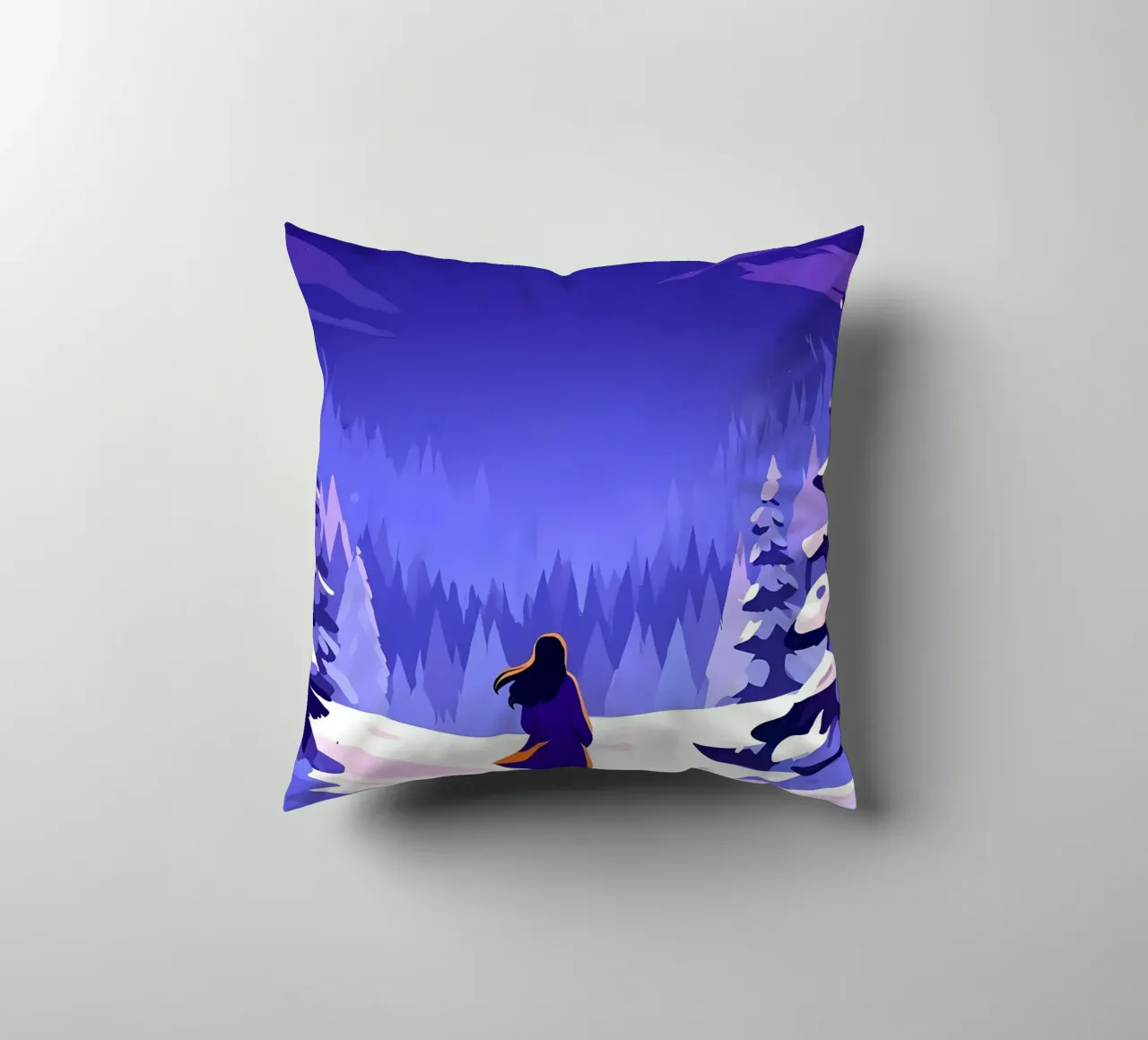 Una donna che cammina attraverso la foresta notturna innevata dalla luna Lofi Art cuscino da LoFi Gallery