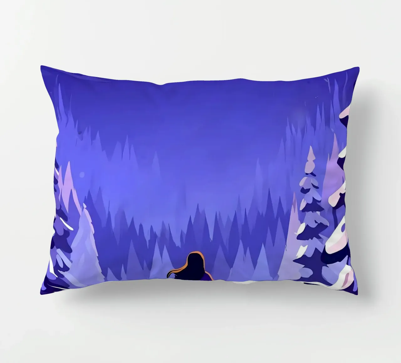 Una donna che cammina attraverso la foresta notturna innevata dalla luna Lofi Art cuscino da LoFi Gallery