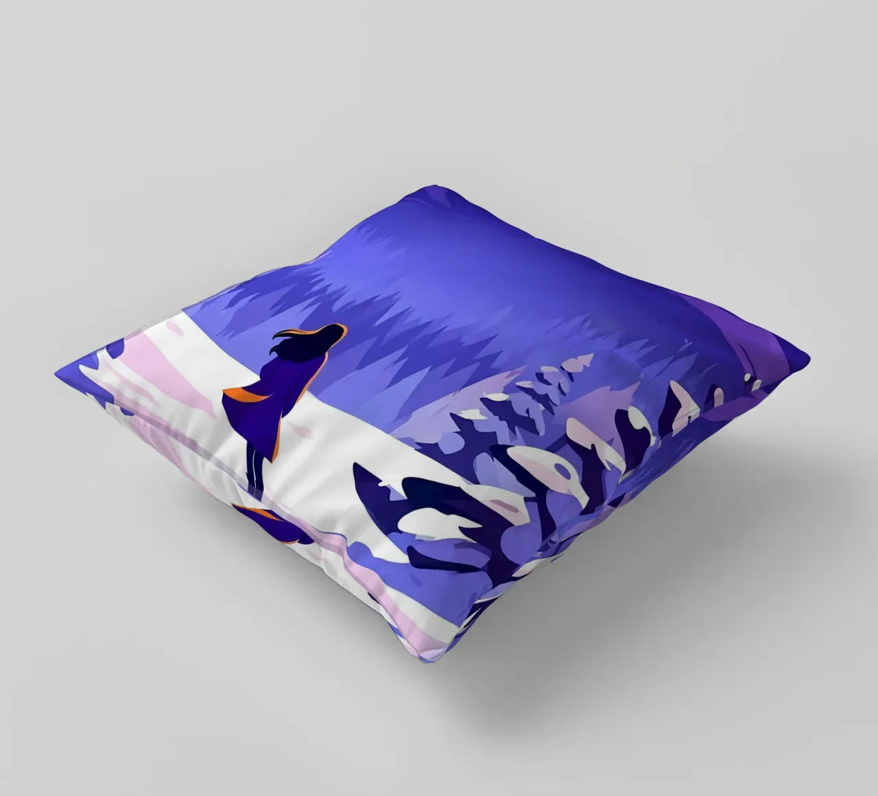 Una donna che cammina attraverso la foresta notturna innevata dalla luna Lofi Art cuscino da LoFi Gallery