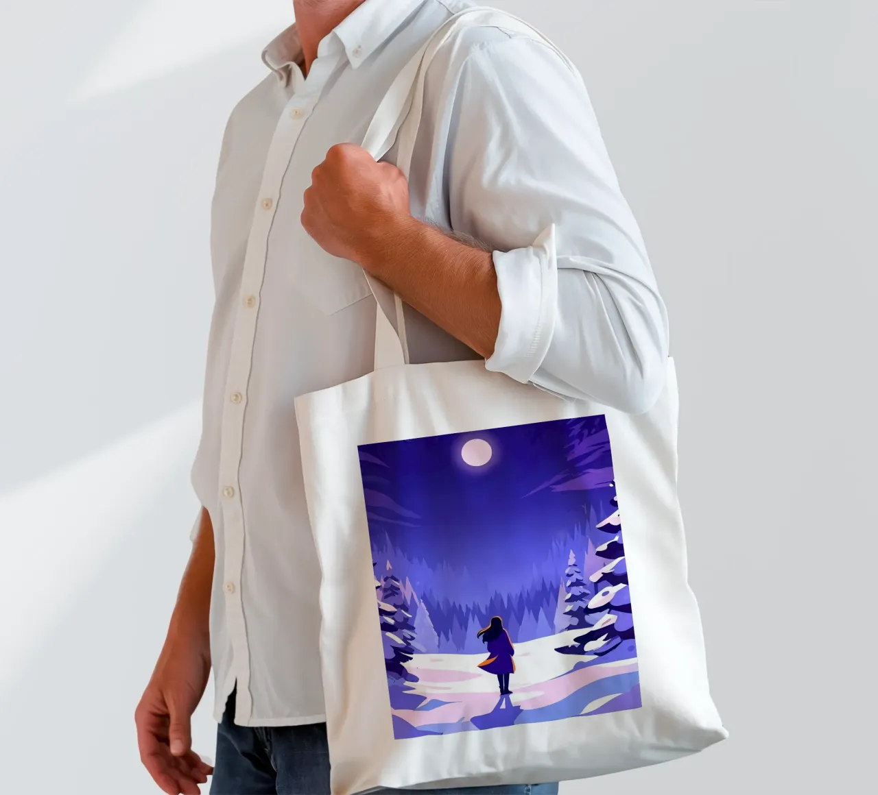 Una donna che cammina attraverso la foresta notturna innevata dalla luna Lofi Art borsa in juta da LoFi Gallery