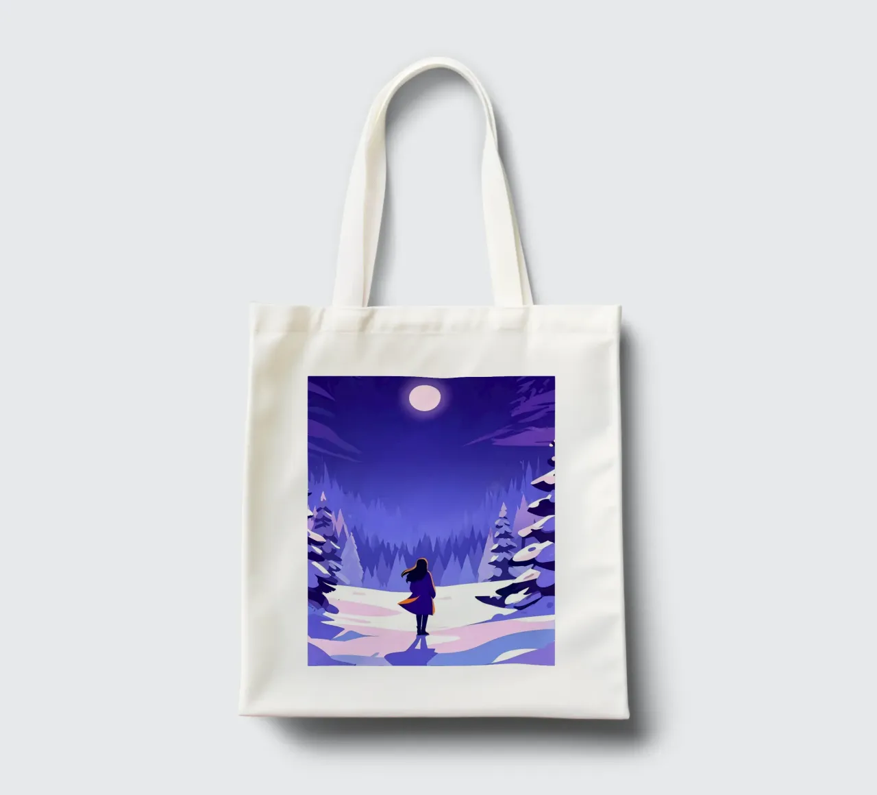 Una donna che cammina attraverso la foresta notturna innevata dalla luna Lofi Art borsa in juta da LoFi Gallery