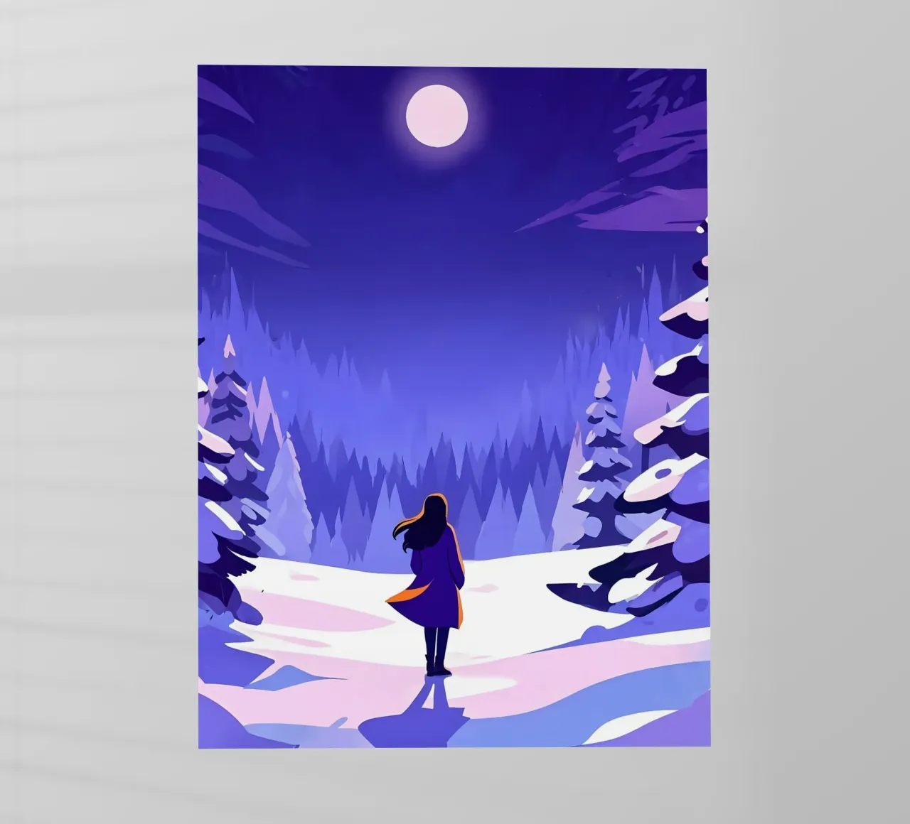 Una donna che cammina attraverso la foresta notturna innevata dalla luna Lofi Art pellicola backlit da LoFi Gallery