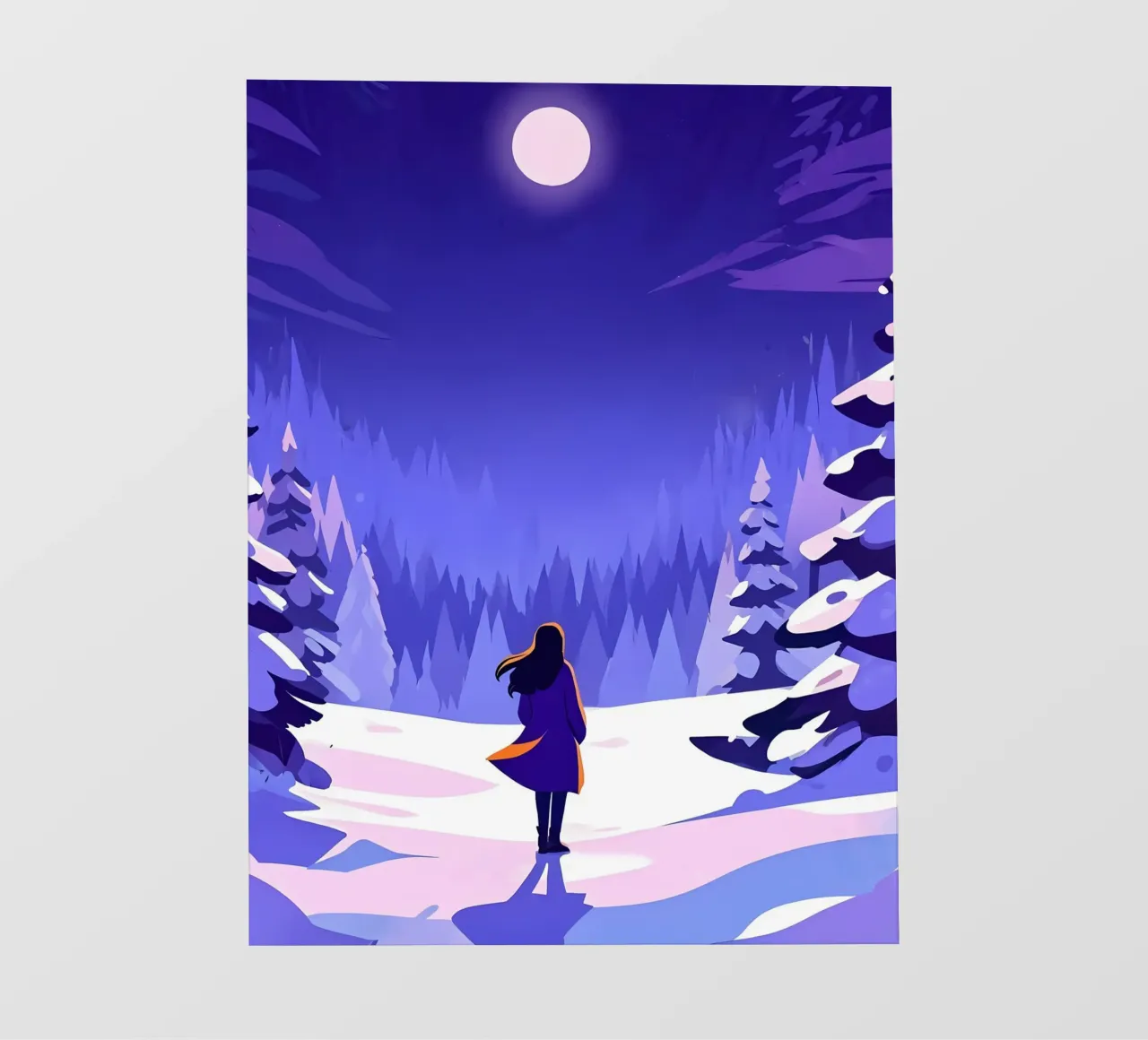 Una donna che cammina attraverso la foresta notturna innevata dalla luna Lofi Art pellicola backlit da LoFi Gallery