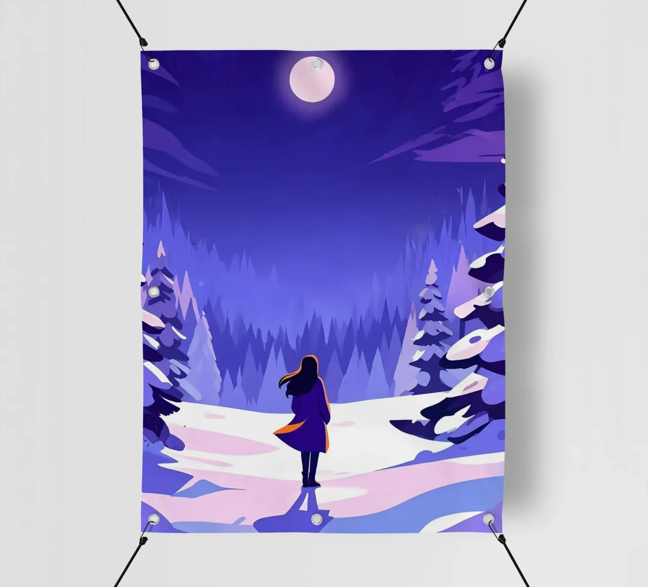 Una donna che cammina attraverso la foresta notturna innevata dalla luna Lofi Art telo in pvc da LoFi Gallery