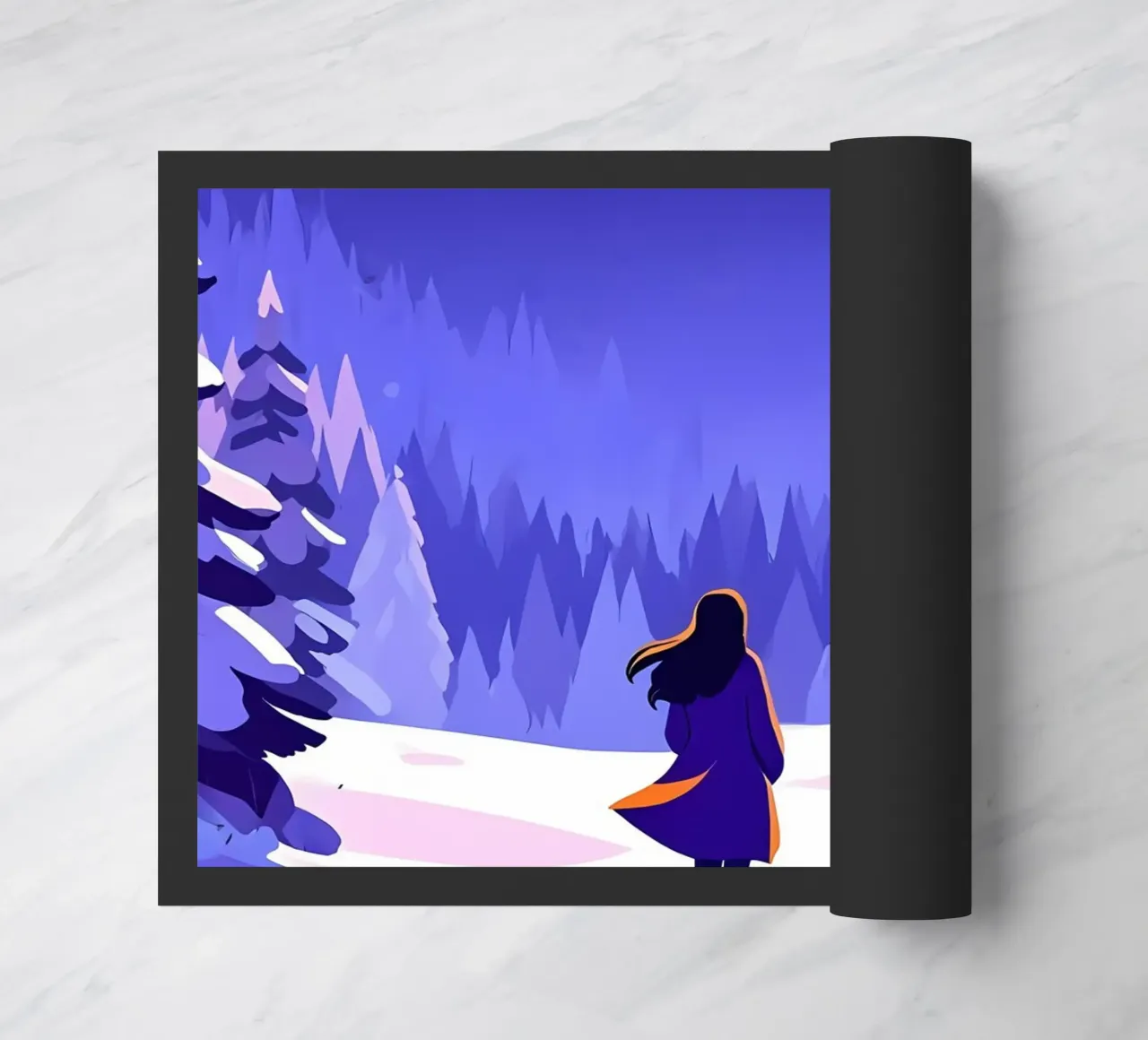 Femme marchant dans une forêt enneigée, lunaire et nocturne Lofi Art paillasson de LoFi Gallery