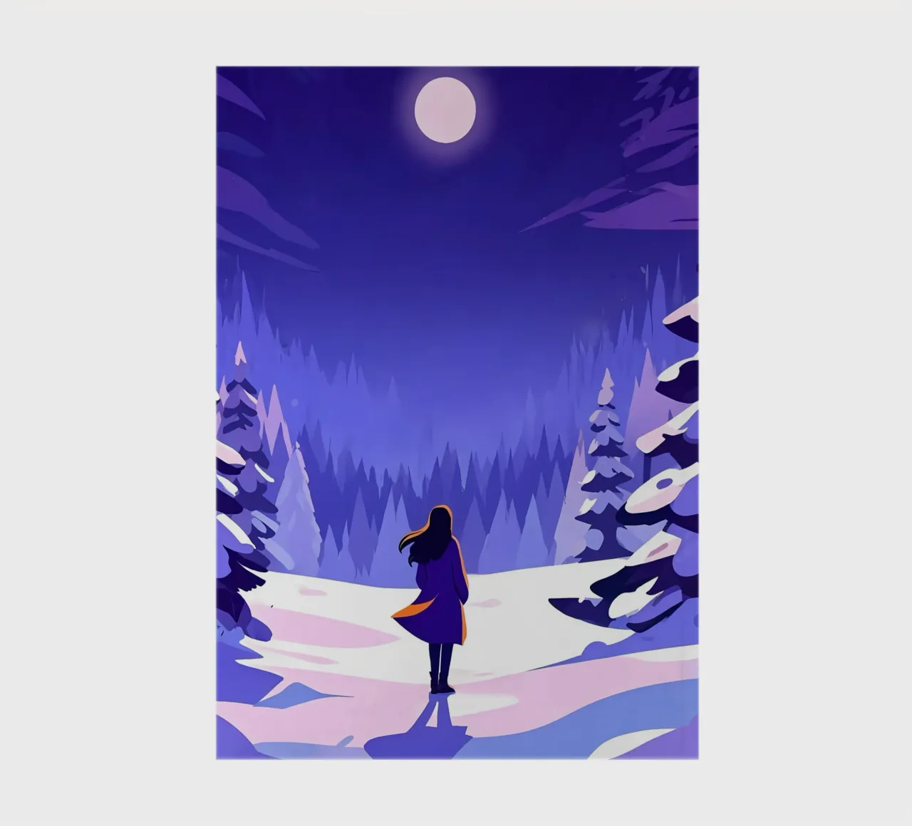Femme marchant dans une forêt enneigée, lunaire et nocturne Lofi Art carnet de notes de LoFi Gallery