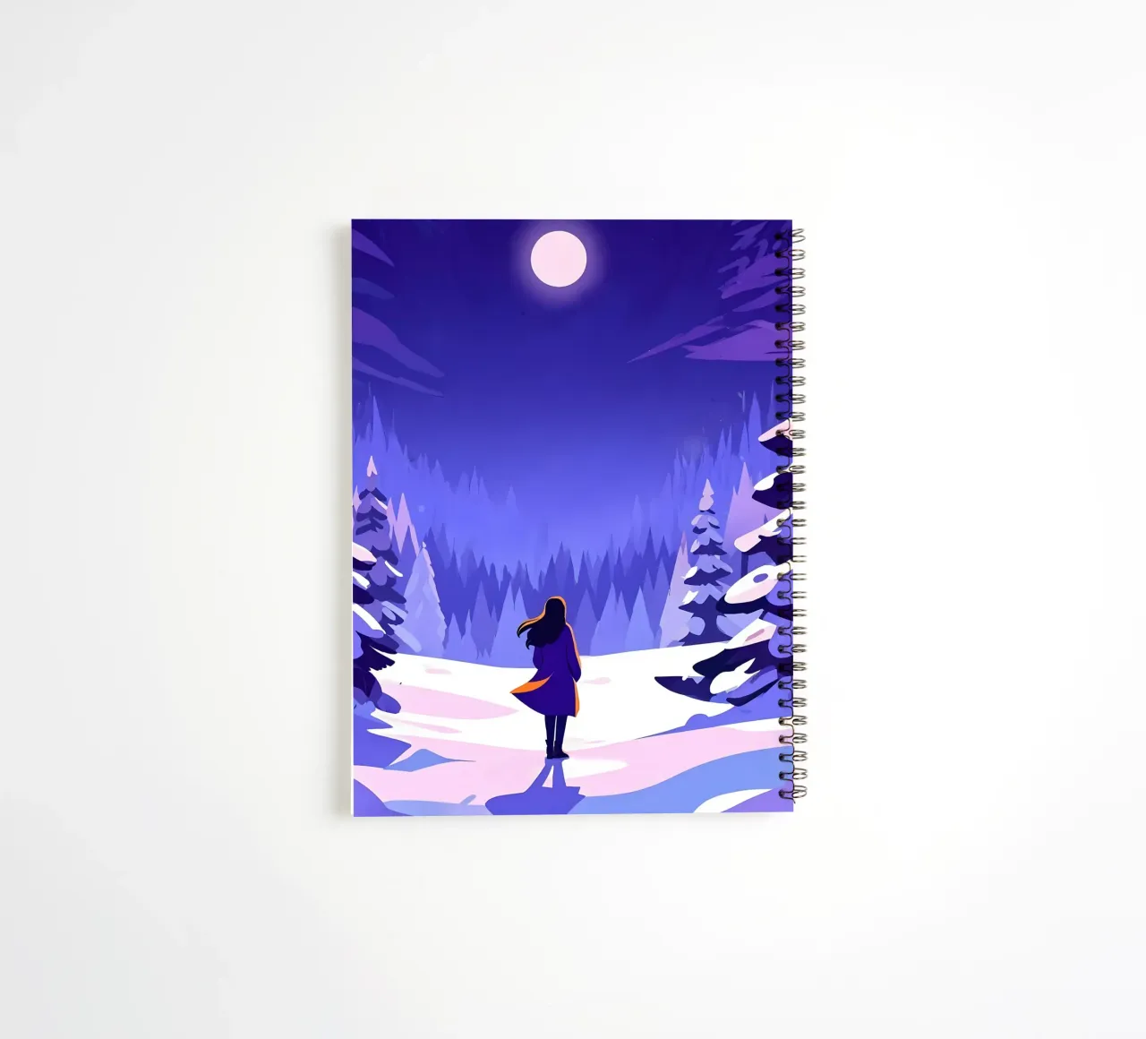 A Woman Walking Through Snowy Moon Night Forest Lofi Art spiral notebook by LoFi Gallery