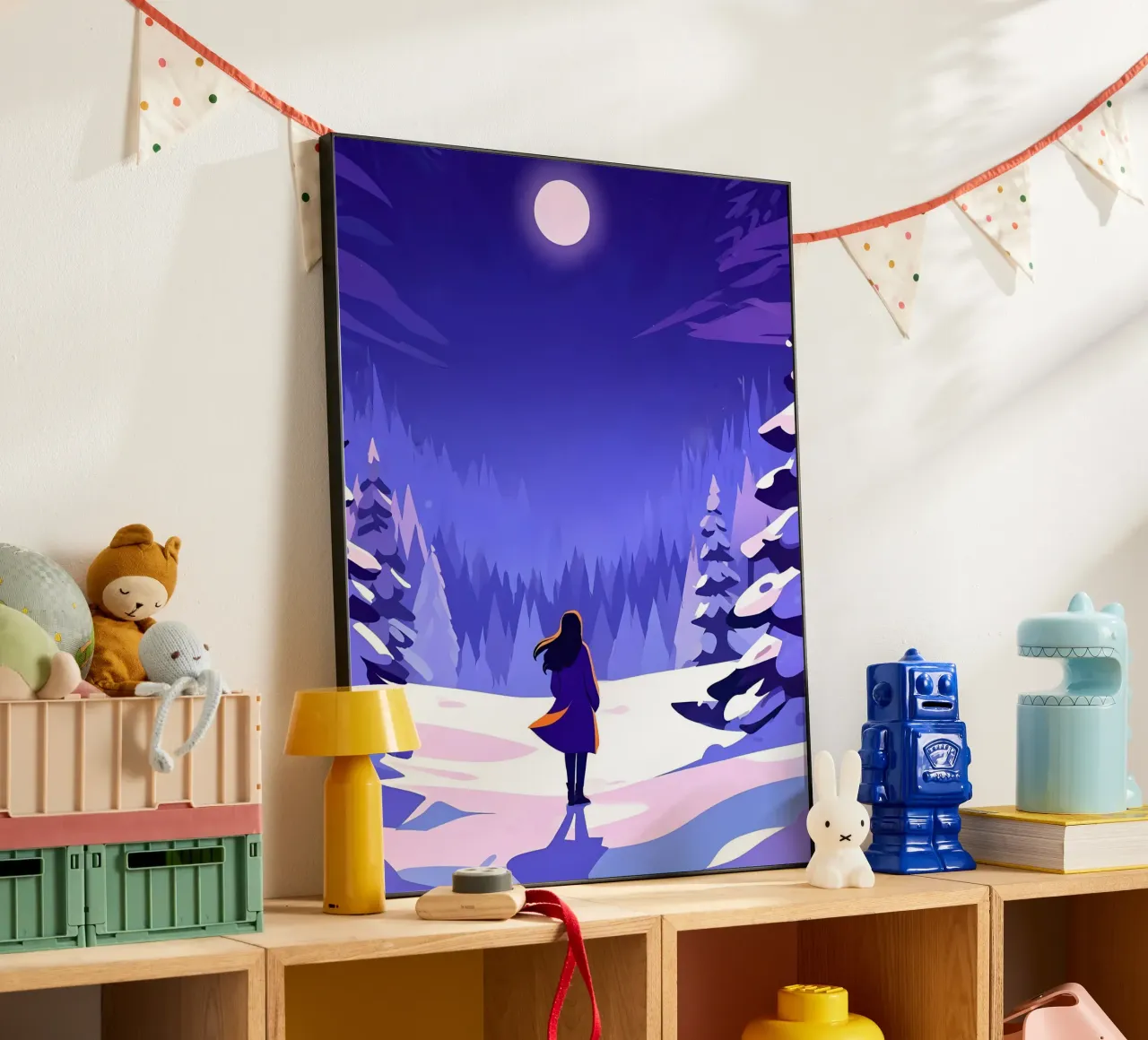 Una donna che cammina attraverso la foresta notturna innevata dalla luna Lofi Art alluminio dibond da LoFi Gallery