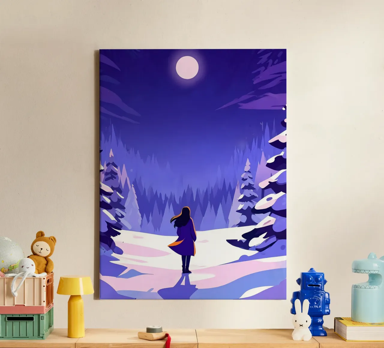 Femme marchant dans une forêt enneigée, lunaire et nocturne Lofi Art toile de LoFi Gallery