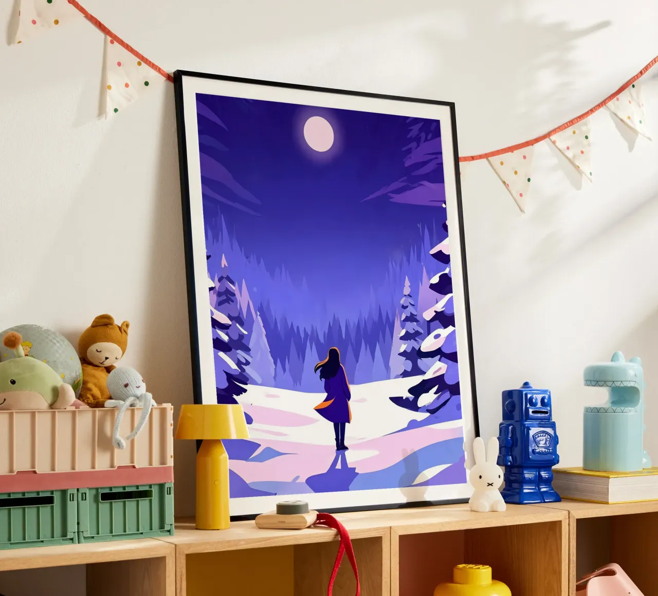 Femme marchant dans une forêt enneigée, lunaire et nocturne Lofi Art poster de LoFi Gallery