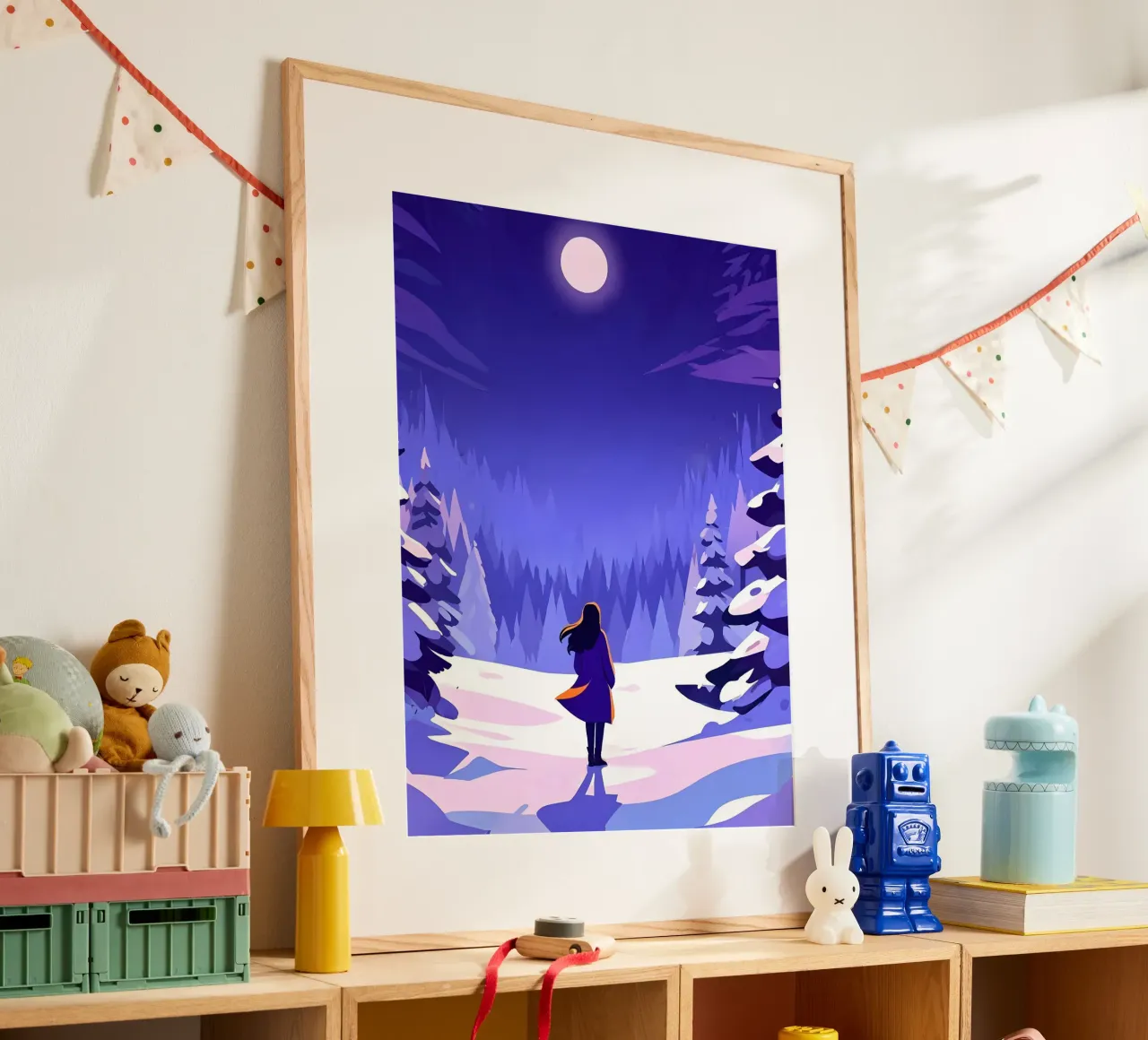 Femme marchant dans une forêt enneigée, lunaire et nocturne Lofi Art poster de LoFi Gallery