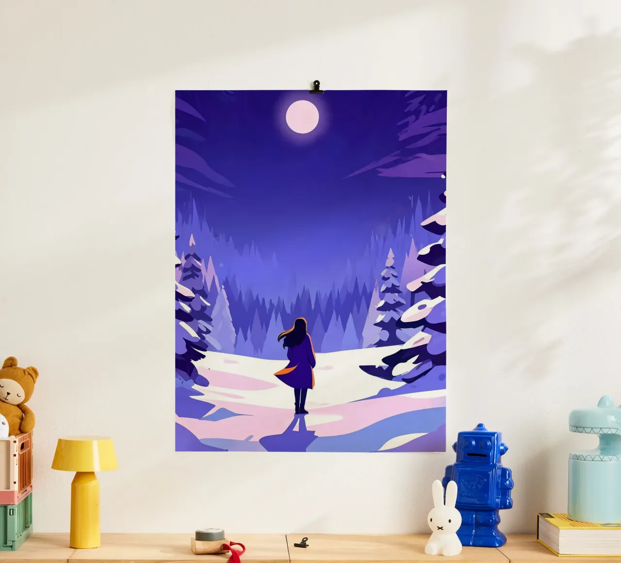 Femme marchant dans une forêt enneigée, lunaire et nocturne Lofi Art poster de LoFi Gallery