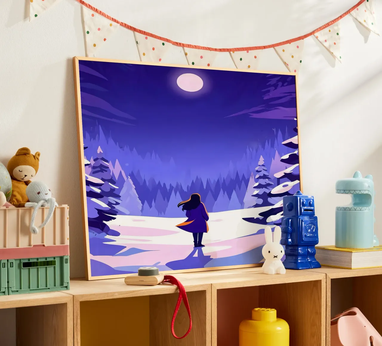 Femme marchant dans une forêt enneigée, lunaire et nocturne Lofi Art poster de LoFi Gallery