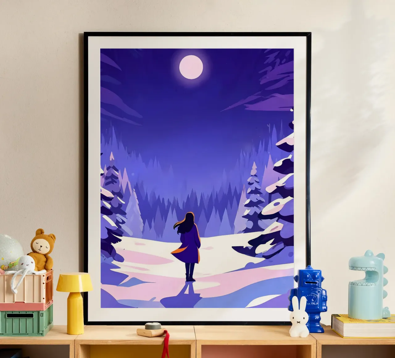 Femme marchant dans une forêt enneigée, lunaire et nocturne Lofi Art poster de LoFi Gallery