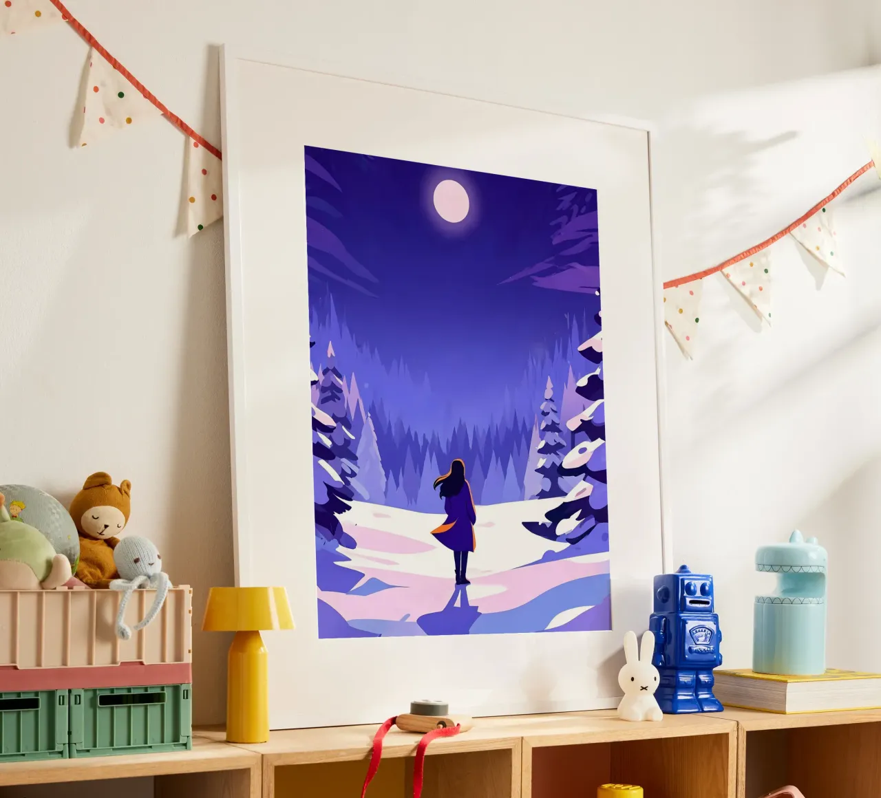 Femme marchant dans une forêt enneigée, lunaire et nocturne Lofi Art poster de LoFi Gallery
