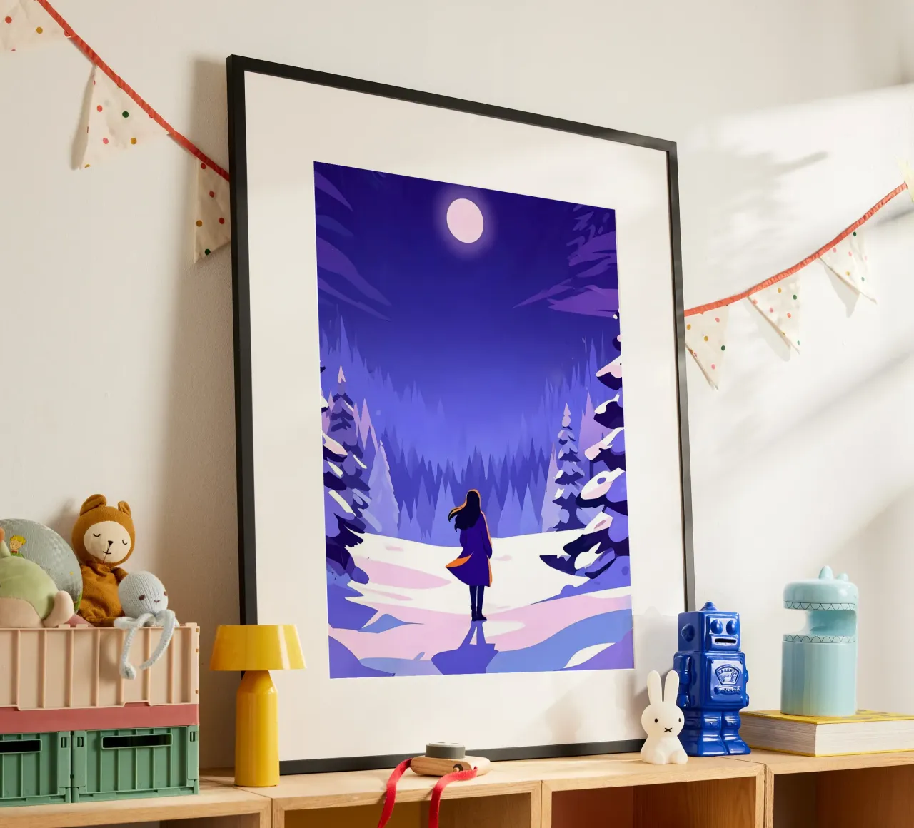 Femme marchant dans une forêt enneigée, lunaire et nocturne Lofi Art poster de LoFi Gallery