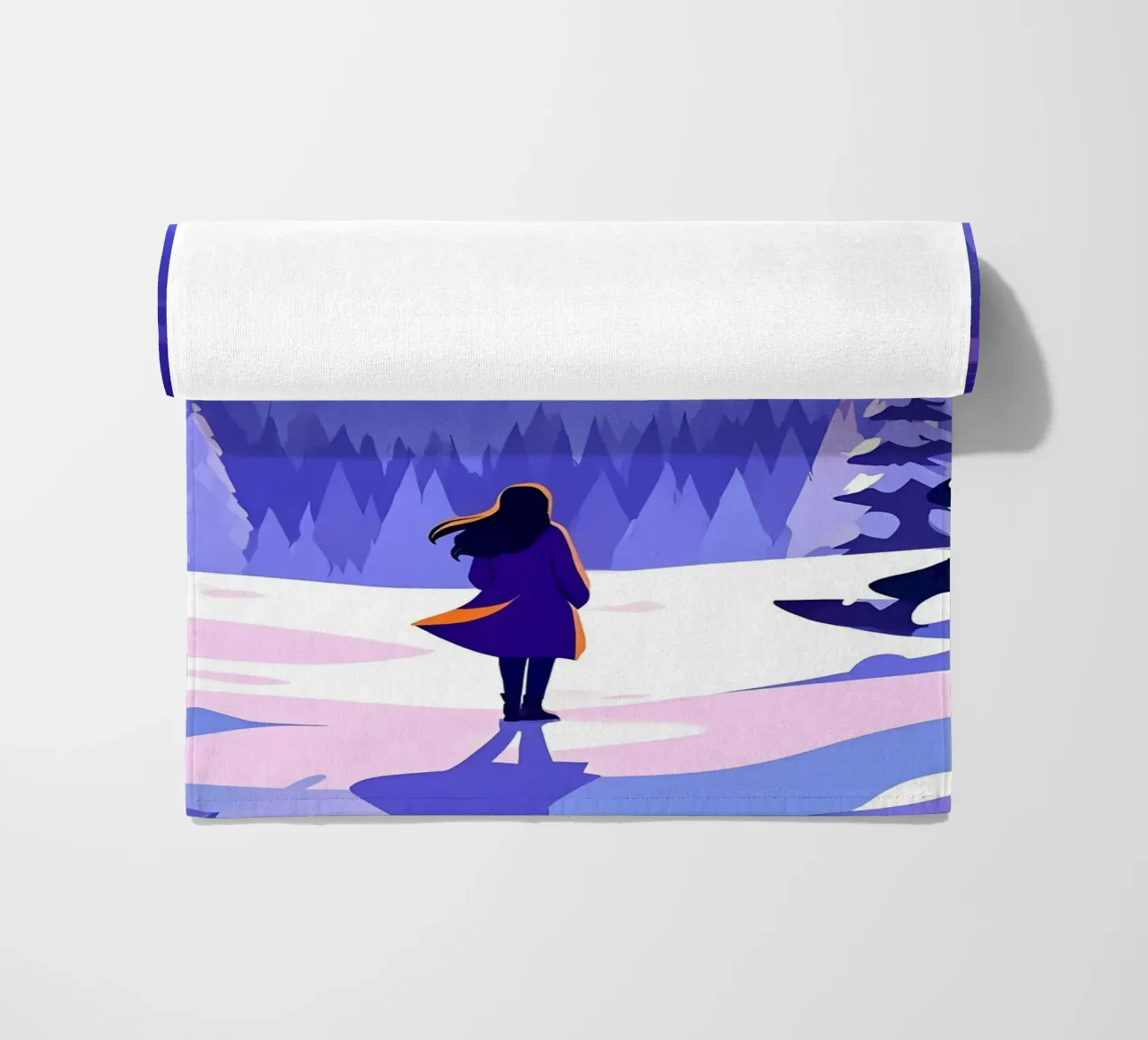 Una donna che cammina attraverso la foresta notturna innevata dalla luna Lofi Art telo mare da LoFi Gallery