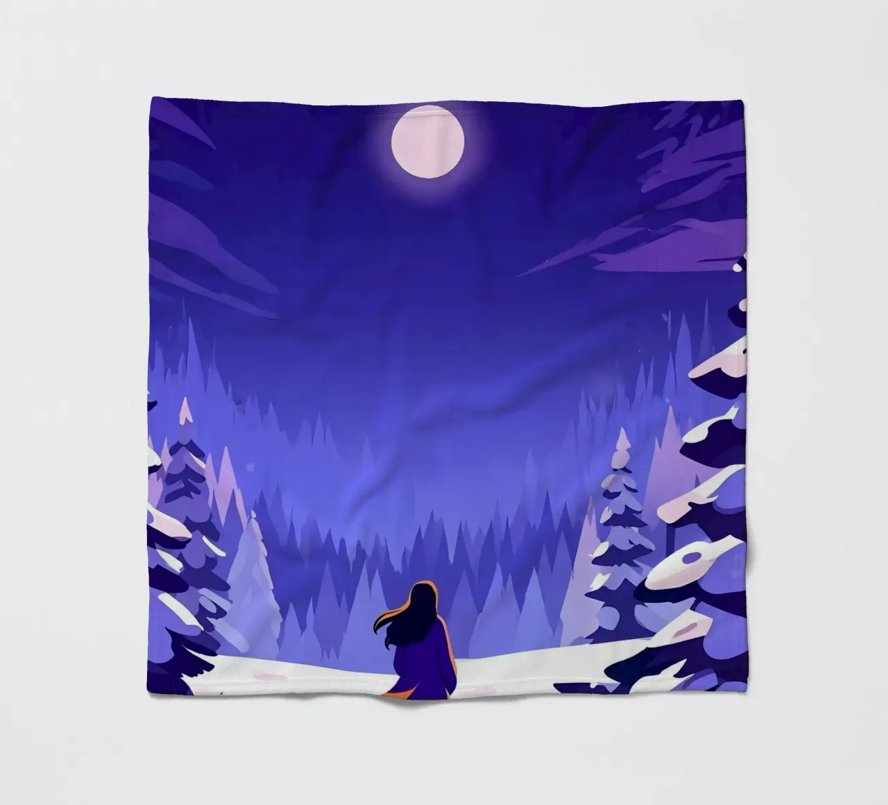 Una donna che cammina attraverso la foresta notturna innevata dalla luna Lofi Art coperta in pile da LoFi Gallery
