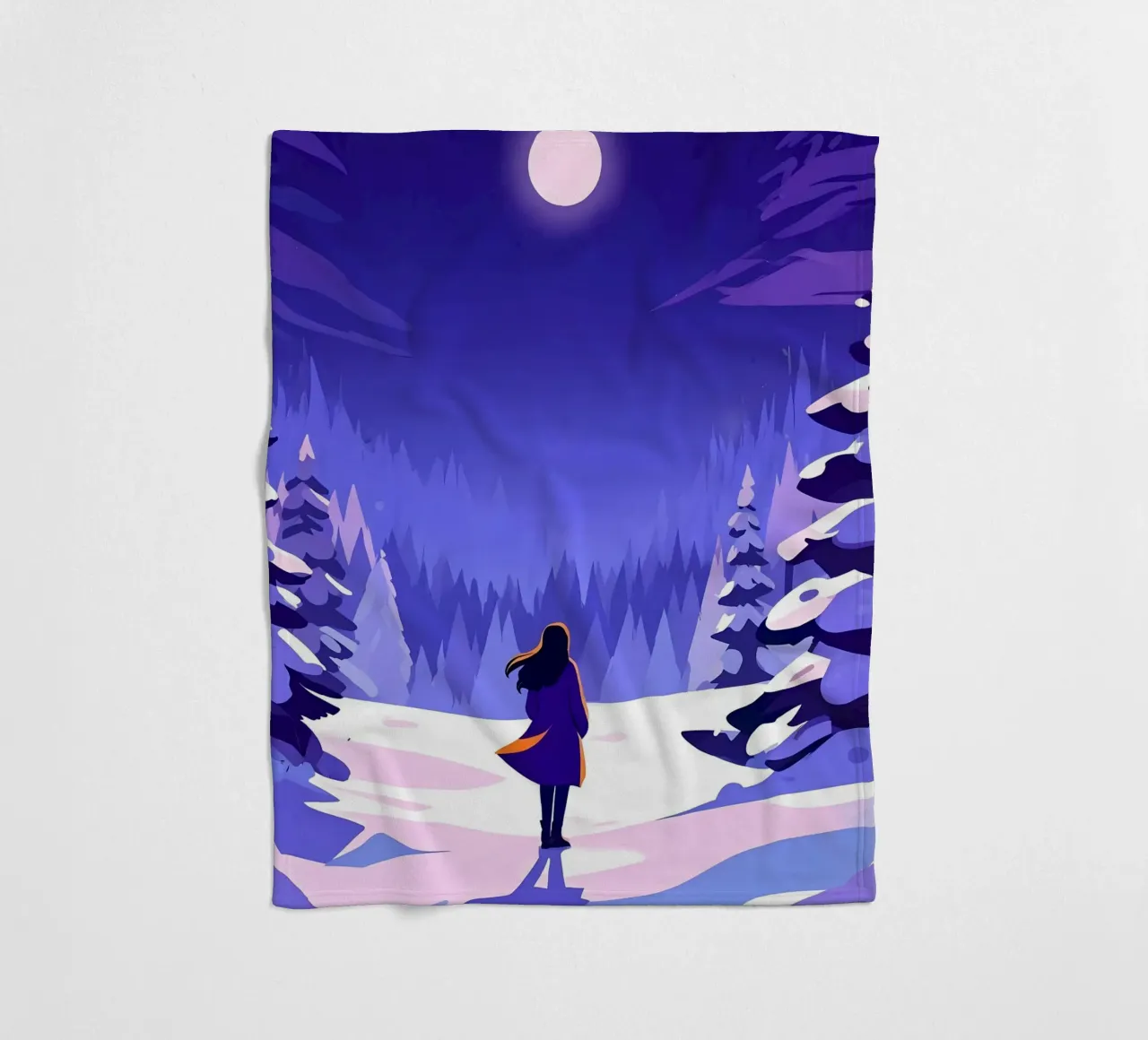 Una donna che cammina attraverso la foresta notturna innevata dalla luna Lofi Art coperta in pile da LoFi Gallery
