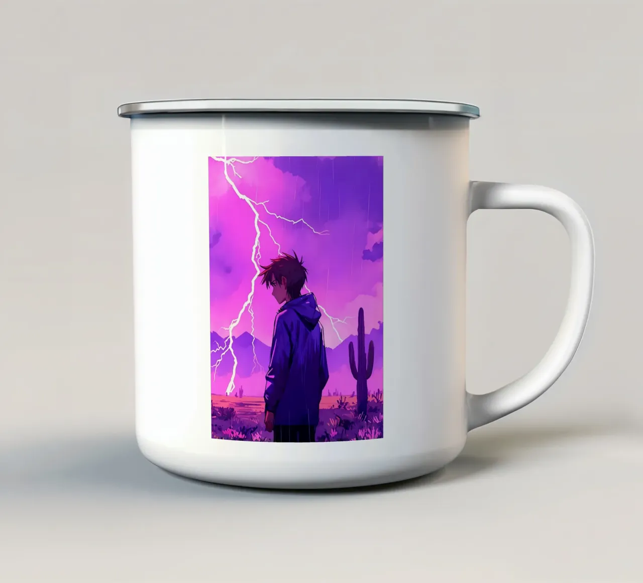 Un By debout devant l'orage dans le désert Lofi Art mug en émail de LoFi Gallery