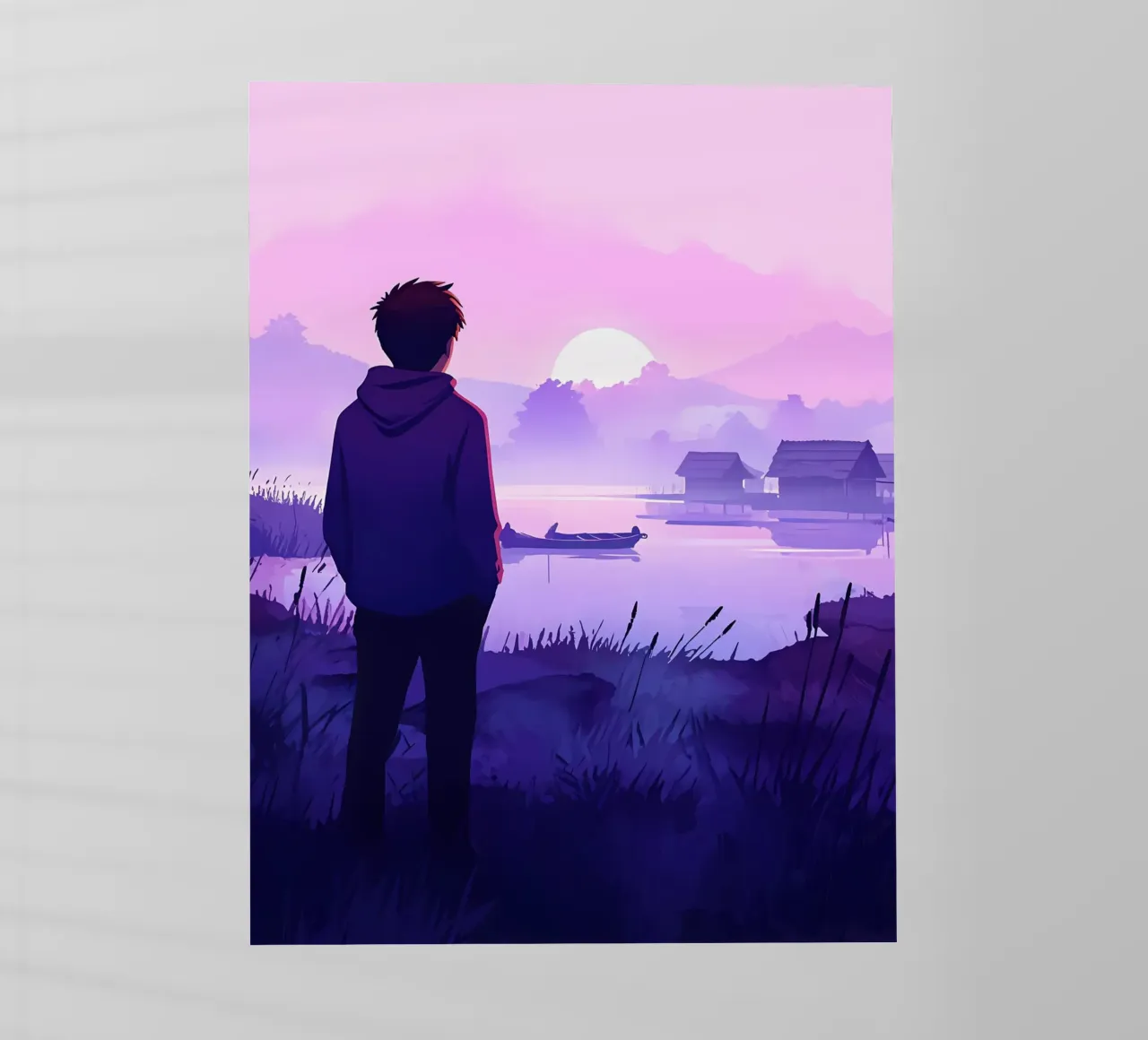 Un ragazzo in piedi in riva al lago di sera Lofi Art pellicola backlit da LoFi Gallery