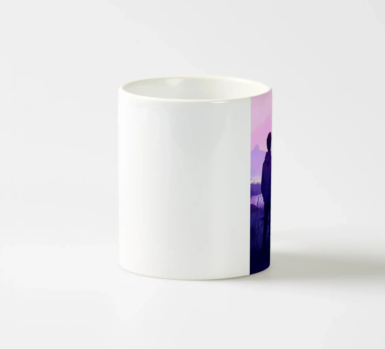 Un ragazzo in piedi in riva al lago di sera Lofi Art tazza in ceramica da LoFi Gallery