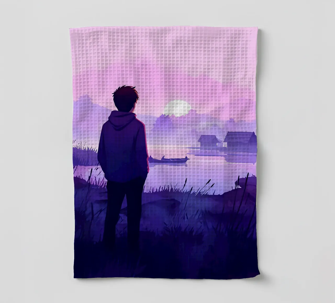Un ragazzo in piedi in riva al lago di sera Lofi Art canovaccio da cucina da LoFi Gallery