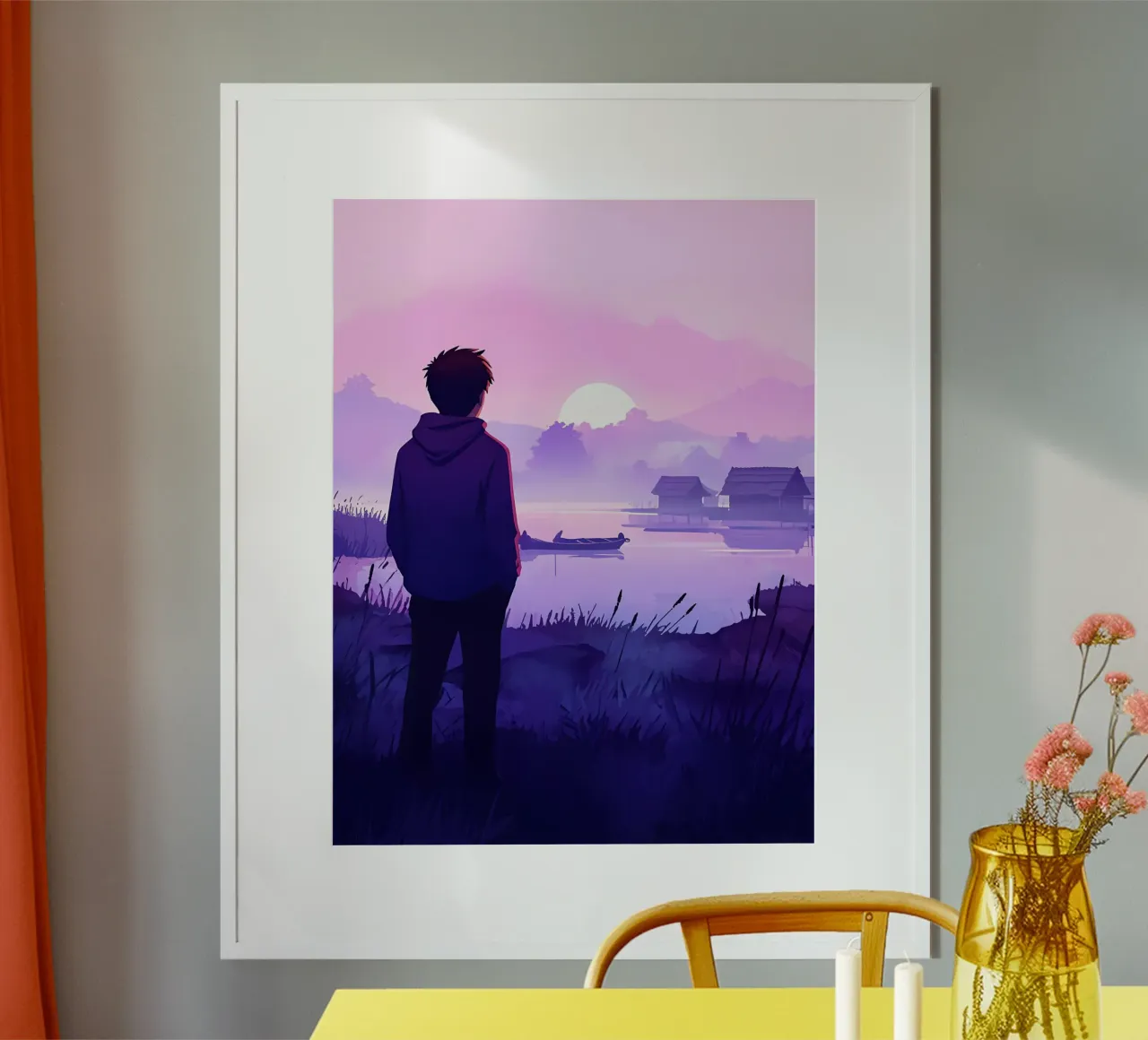 Un ragazzo in piedi in riva al lago di sera Lofi Art poster con telaio in plastica da LoFi Gallery