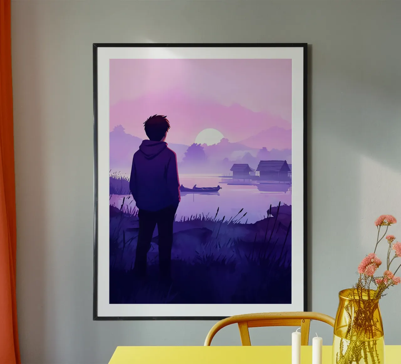 Un ragazzo in piedi in riva al lago di sera Lofi Art poster con telaio in plastica da LoFi Gallery