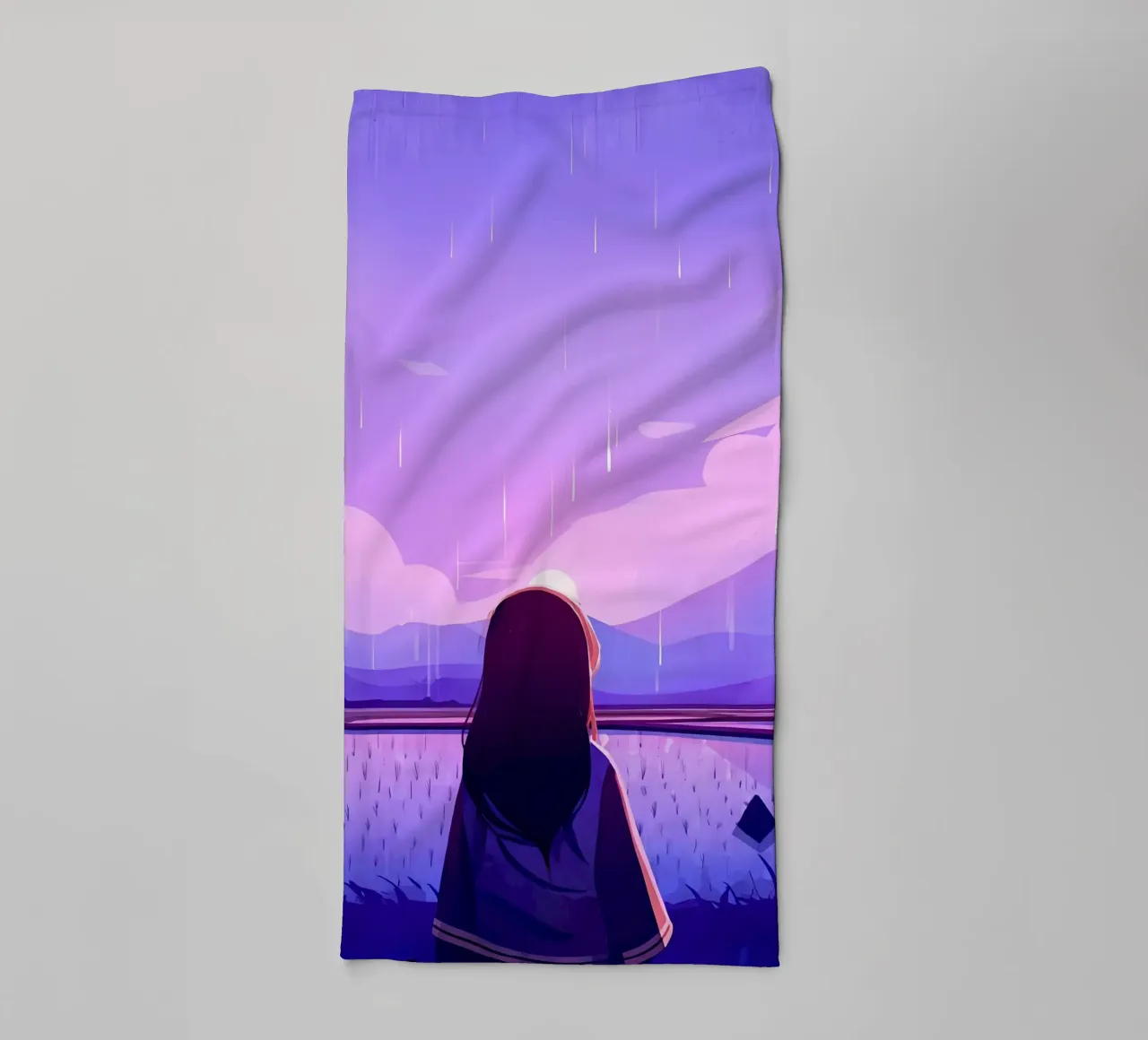 A Girl Looking At Sunset Near Crop Land In Rain Lofi Art towel by LoFi Gallery