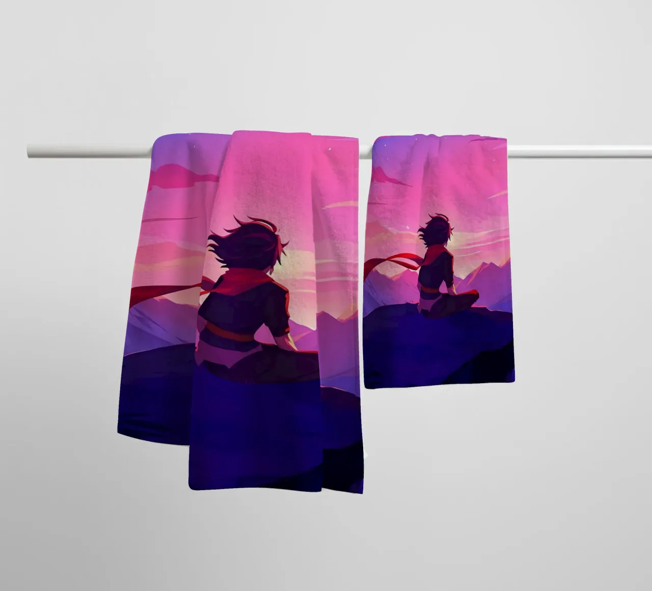 A Man Sitting On A Mountain Rock Looking At Sunset Lofi Art towel by LoFi Gallery