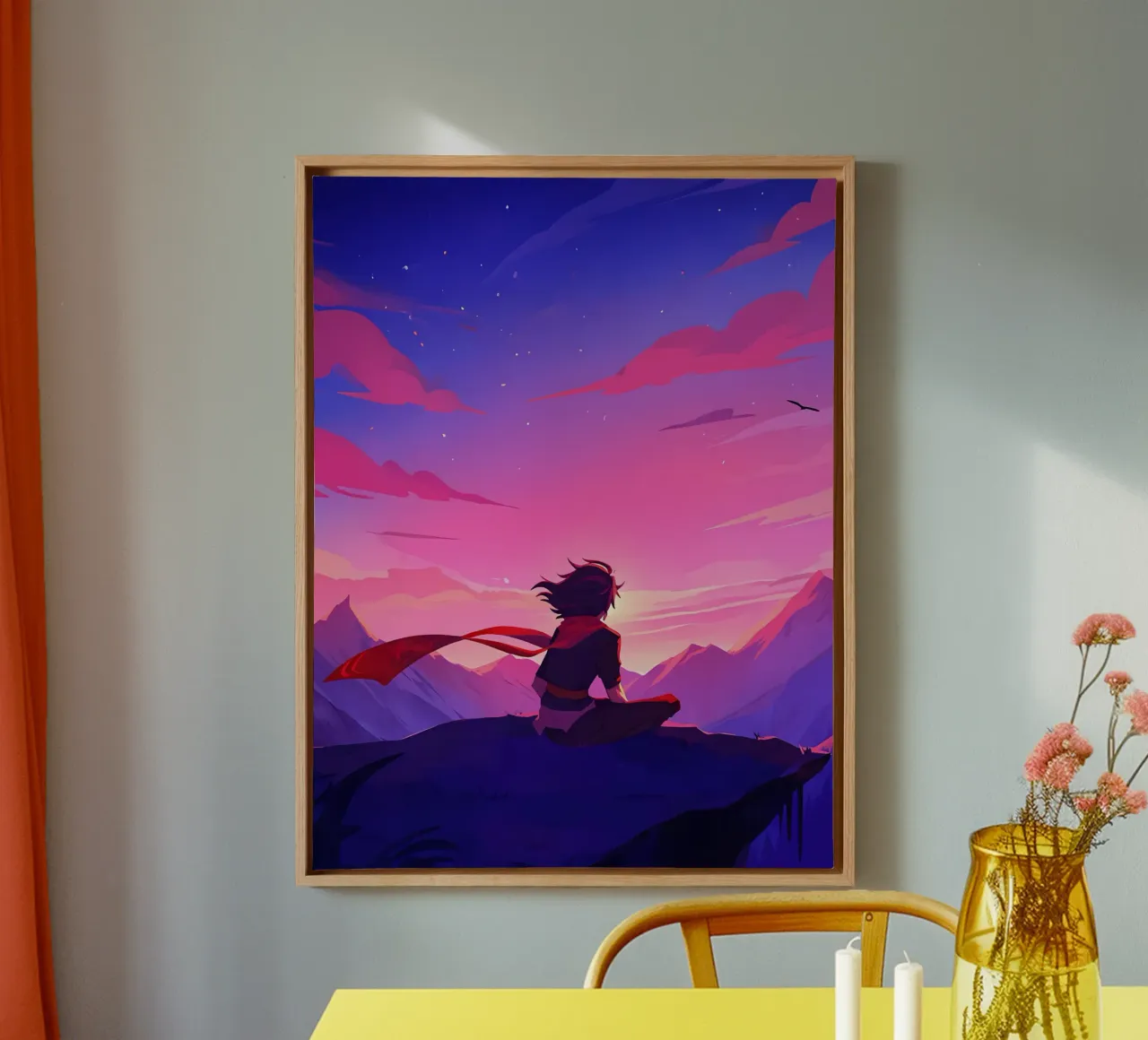 Een man zittend op een bergrots kijkend naar zonsondergang Lofi Art canvas met Baklijst van LoFi Gallery