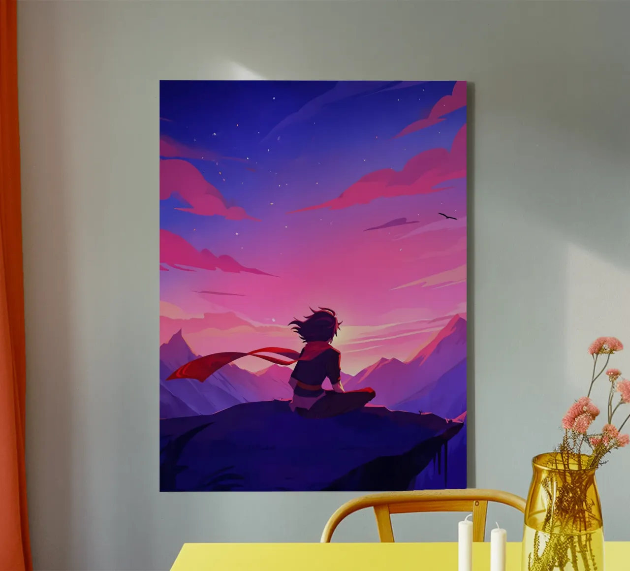 Een man zittend op een bergrots kijkend naar zonsondergang Lofi Art canvas met Baklijst van LoFi Gallery