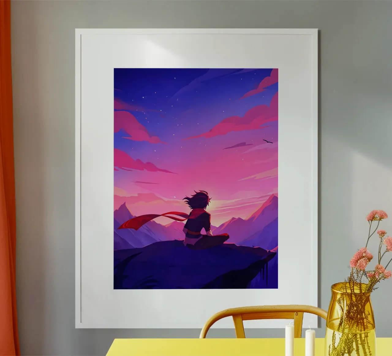 Een man zittend op een bergrots kijkend naar zonsondergang Lofi Art poster met houten frame van LoFi Gallery