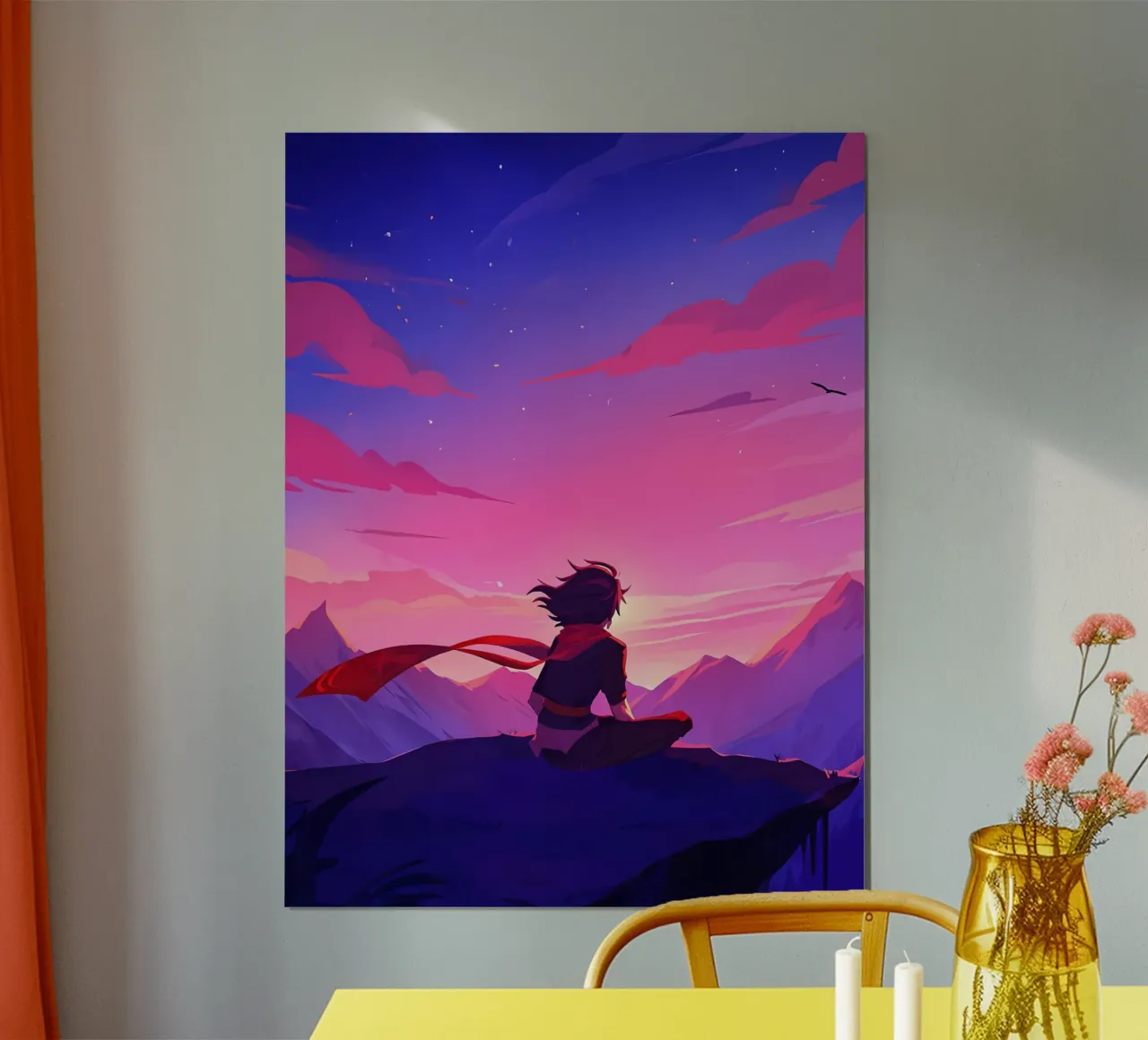 Een man zittend op een bergrots kijkend naar zonsondergang Lofi Art poster met houten frame van LoFi Gallery