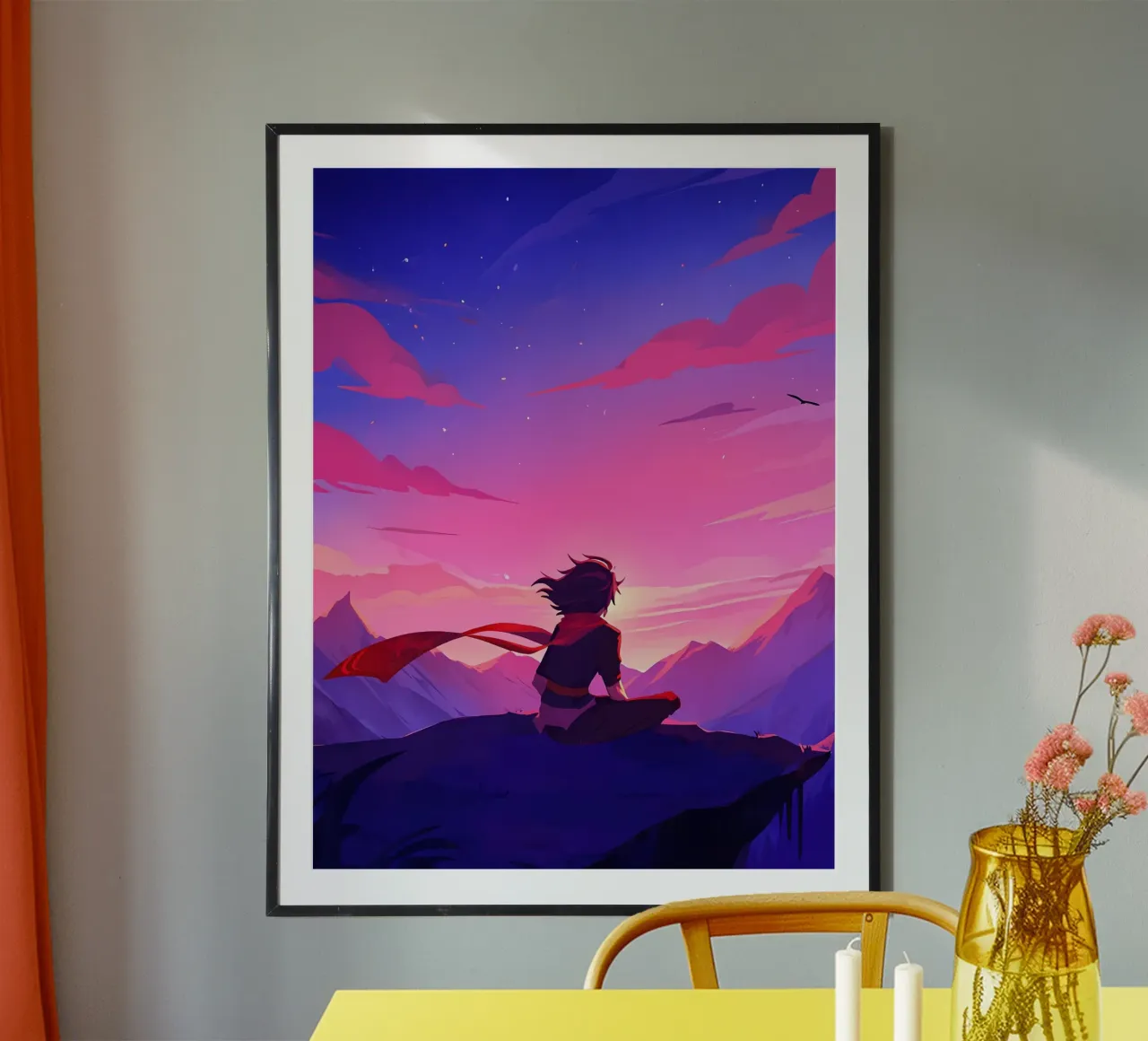 Een man zittend op een bergrots kijkend naar zonsondergang Lofi Art poster met houten frame van LoFi Gallery