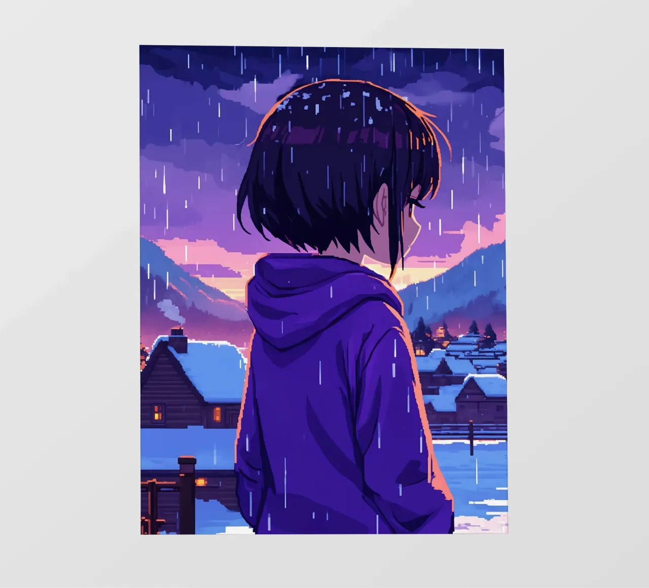 Una ragazza in piedi in un villaggio di neve sotto la pioggia Lofi Art pellicola backlit da LoFi Gallery