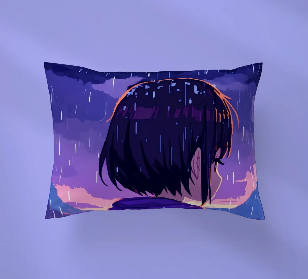 Una ragazza in piedi in un villaggio di neve sotto la pioggia Lofi Art cuscino da LoFi Gallery