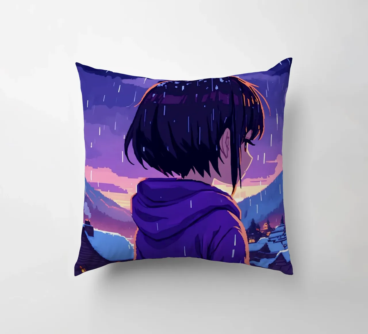 Una ragazza in piedi in un villaggio di neve sotto la pioggia Lofi Art cuscino da LoFi Gallery