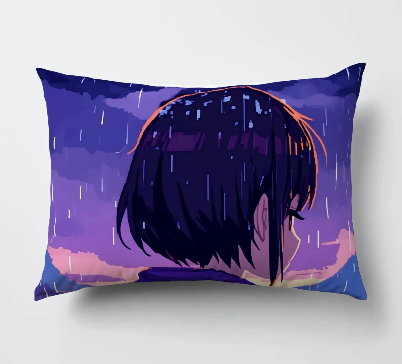 Una ragazza in piedi in un villaggio di neve sotto la pioggia Lofi Art cuscino da LoFi Gallery