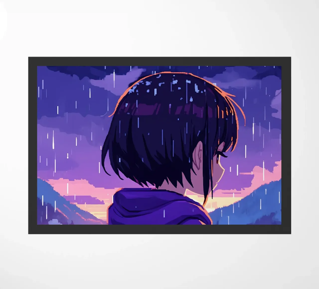 Una ragazza in piedi in un villaggio di neve sotto la pioggia Lofi Art zerbino da LoFi Gallery